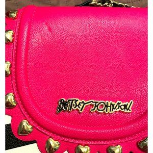 Vtg. Betsey Johnson Pink Black White Crossbody Purse with Gold Heart Studs